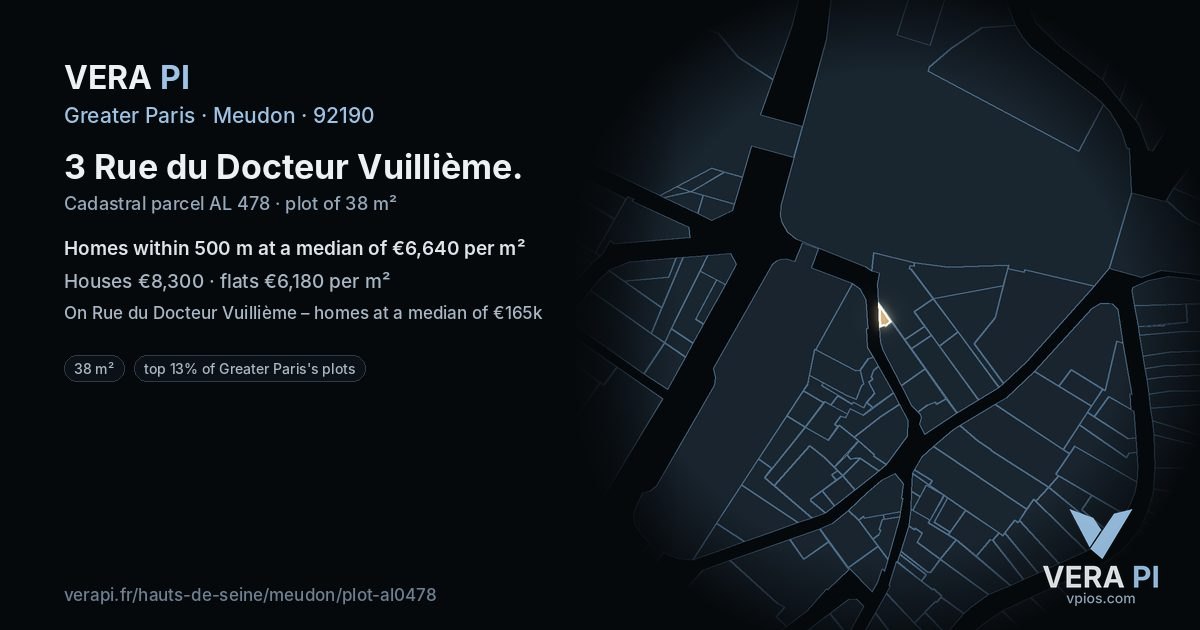 3 Rue du Docteur Vuillième, Meudon at night – the plot lit, the parcels around coloured by the prices near them