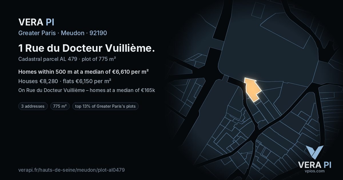 1 Rue du Docteur Vuillième, Meudon at night – the plot lit, the parcels around coloured by the prices near them