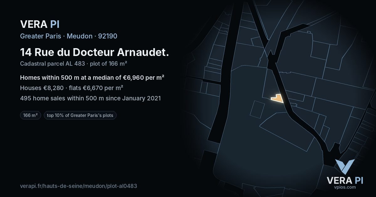 14 Rue du Docteur Arnaudet, Meudon at night – the plot lit, the parcels around coloured by the prices near them