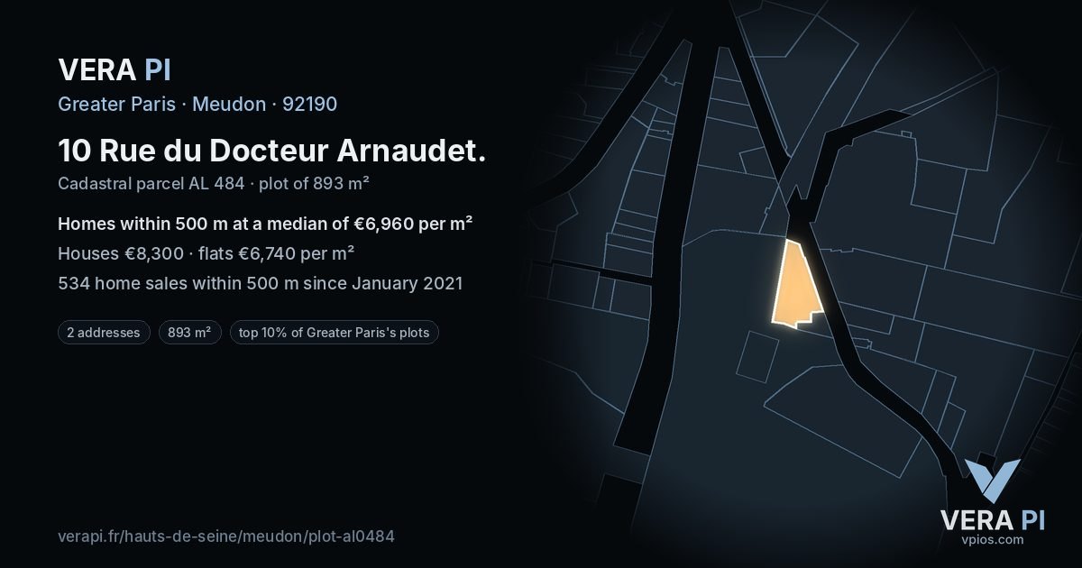 10 Rue du Docteur Arnaudet, Meudon at night – the plot lit, the parcels around coloured by the prices near them