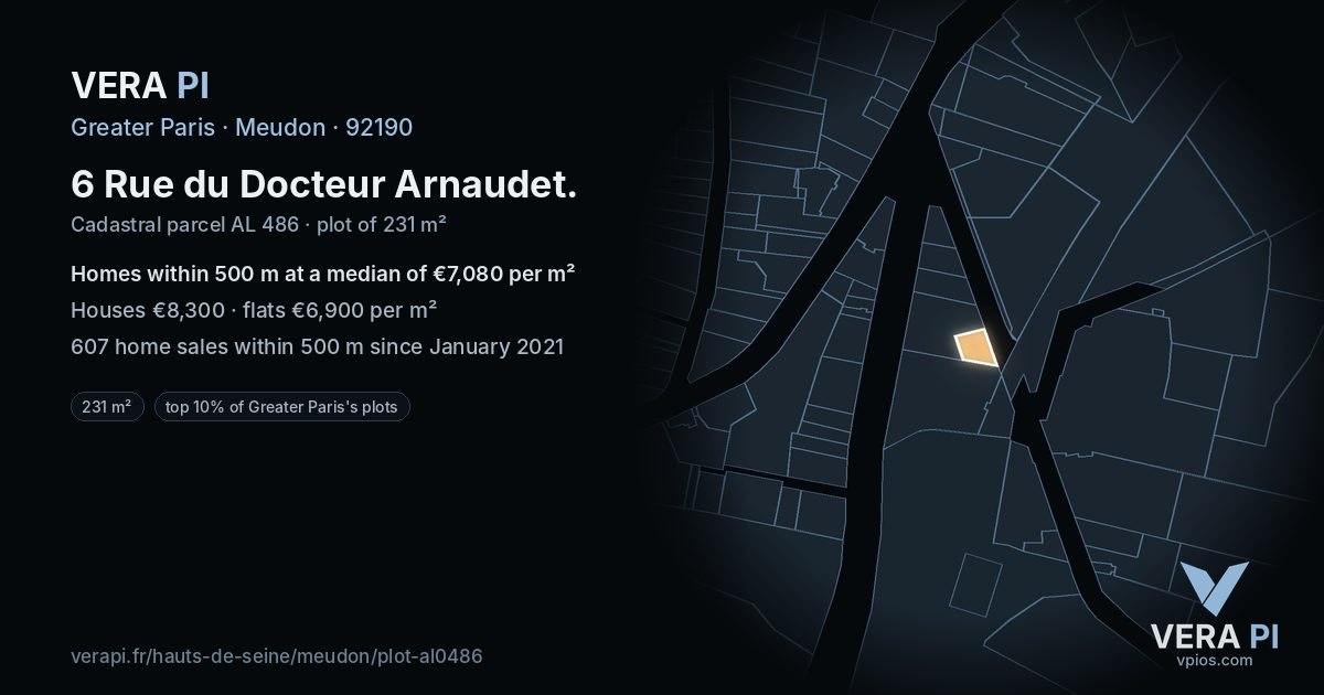 6 Rue du Docteur Arnaudet, Meudon at night – the plot lit, the parcels around coloured by the prices near them