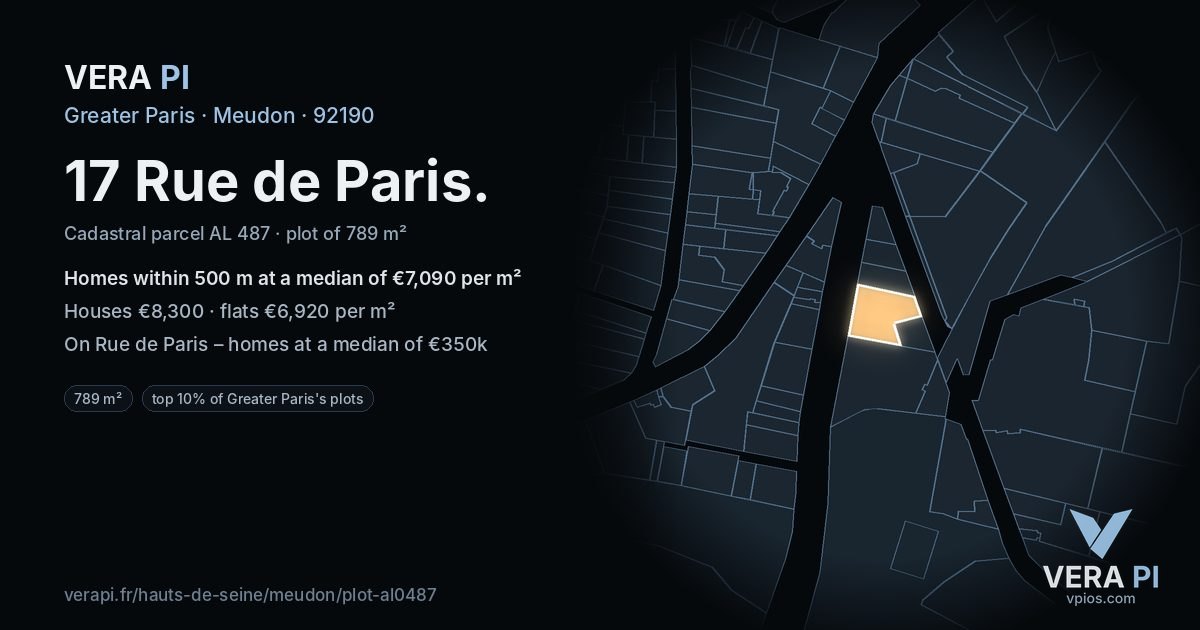 17 Rue de Paris, Meudon at night – the plot lit, the parcels around coloured by the prices near them