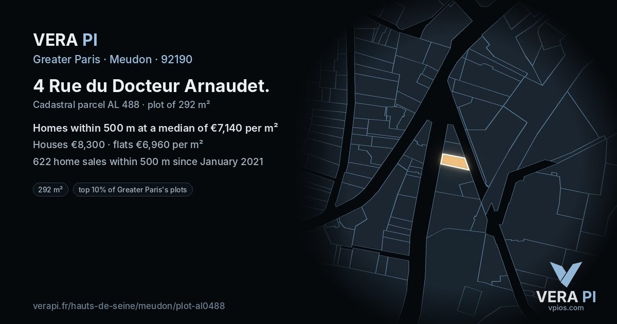 4 Rue du Docteur Arnaudet, Meudon at night – the plot lit, the parcels around coloured by the prices near them