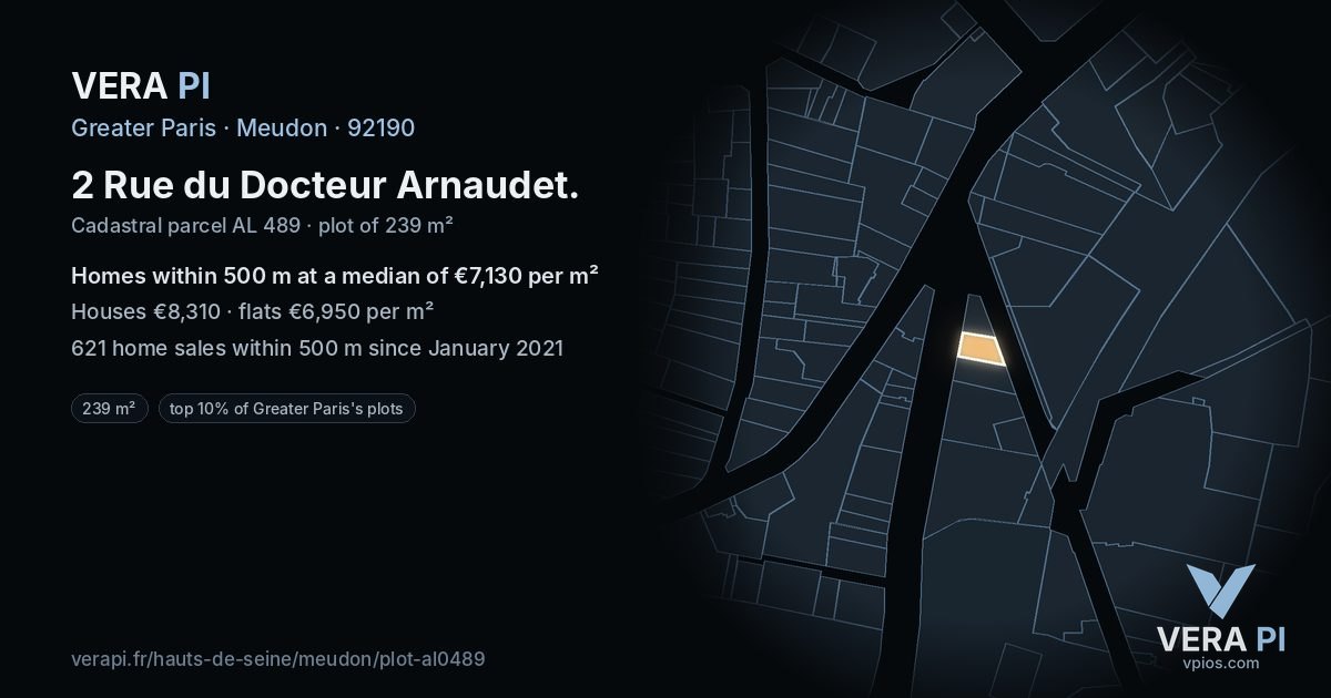 2 Rue du Docteur Arnaudet, Meudon at night – the plot lit, the parcels around coloured by the prices near them
