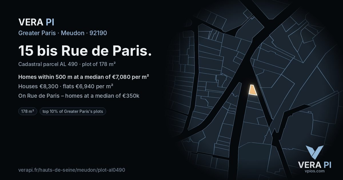15 bis Rue de Paris, Meudon at night – the plot lit, the parcels around coloured by the prices near them