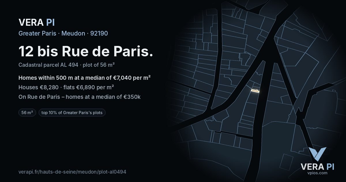 12 bis Rue de Paris, Meudon at night – the plot lit, the parcels around coloured by the prices near them