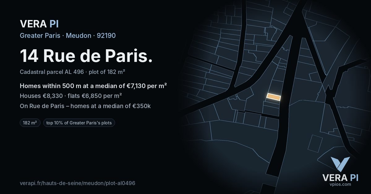 14 Rue de Paris, Meudon at night – the plot lit, the parcels around coloured by the prices near them