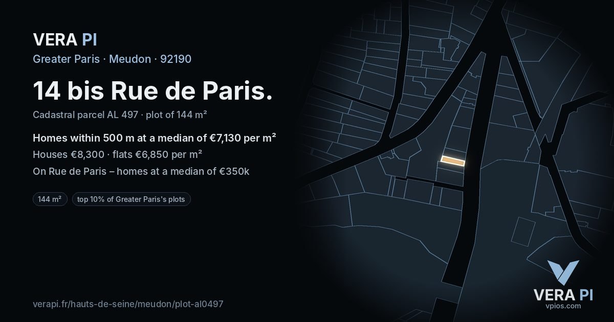 14 bis Rue de Paris, Meudon at night – the plot lit, the parcels around coloured by the prices near them