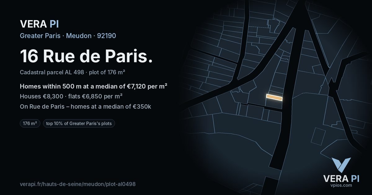 16 Rue de Paris, Meudon at night – the plot lit, the parcels around coloured by the prices near them
