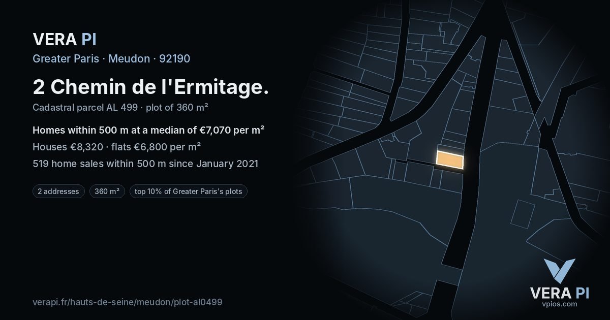 2 Chemin de l'Ermitage, Meudon at night – the plot lit, the parcels around coloured by the prices near them