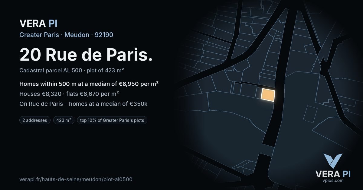 20 Rue de Paris, Meudon at night – the plot lit, the parcels around coloured by the prices near them