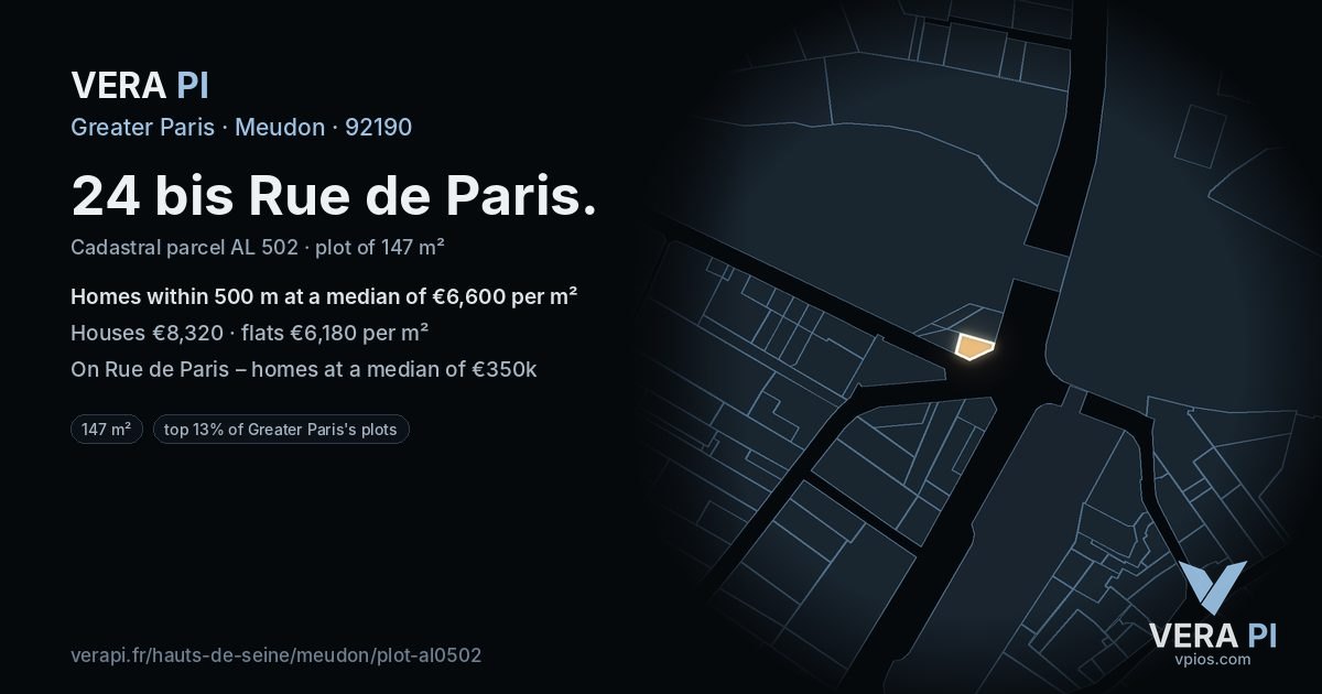 24 bis Rue de Paris, Meudon at night – the plot lit, the parcels around coloured by the prices near them