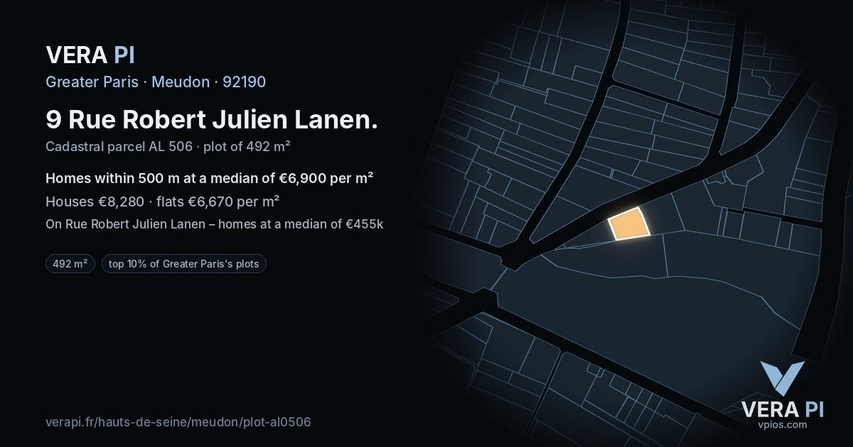 9 Rue Robert Julien Lanen, Meudon at night – the plot lit, the parcels around coloured by the prices near them
