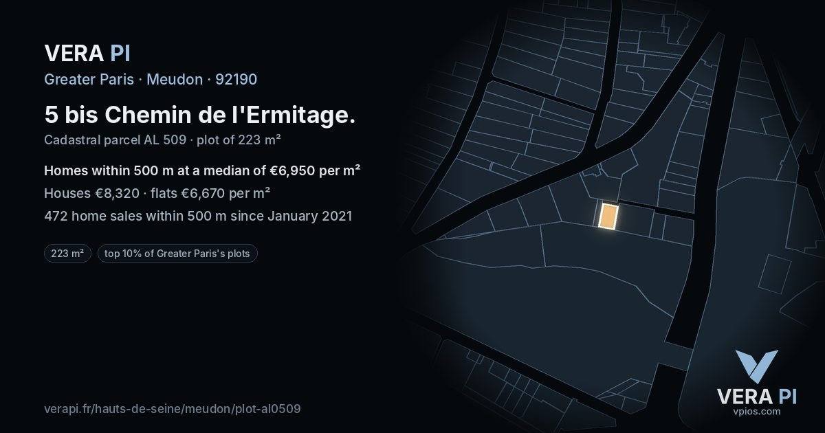 5 bis Chemin de l'Ermitage, Meudon at night – the plot lit, the parcels around coloured by the prices near them