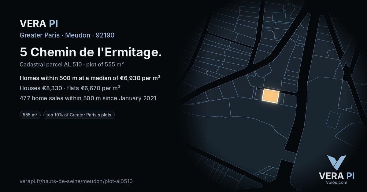 5 Chemin de l'Ermitage, Meudon at night – the plot lit, the parcels around coloured by the prices near them