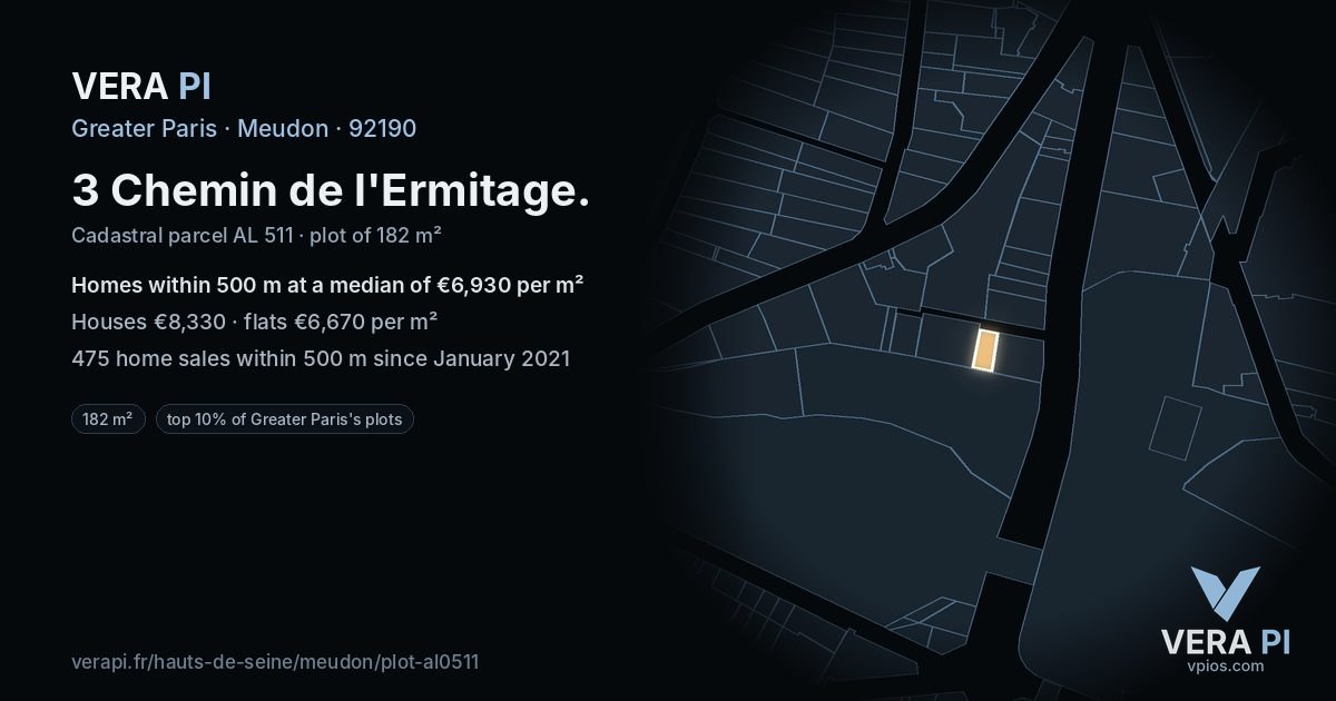 3 Chemin de l'Ermitage, Meudon at night – the plot lit, the parcels around coloured by the prices near them