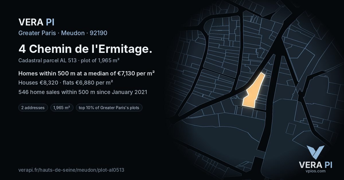 4 Chemin de l'Ermitage, Meudon at night – the plot lit, the parcels around coloured by the prices near them