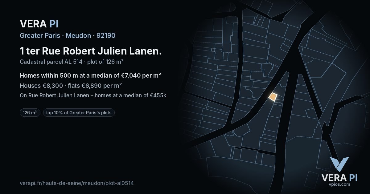 1 ter Rue Robert Julien Lanen, Meudon at night – the plot lit, the parcels around coloured by the prices near them