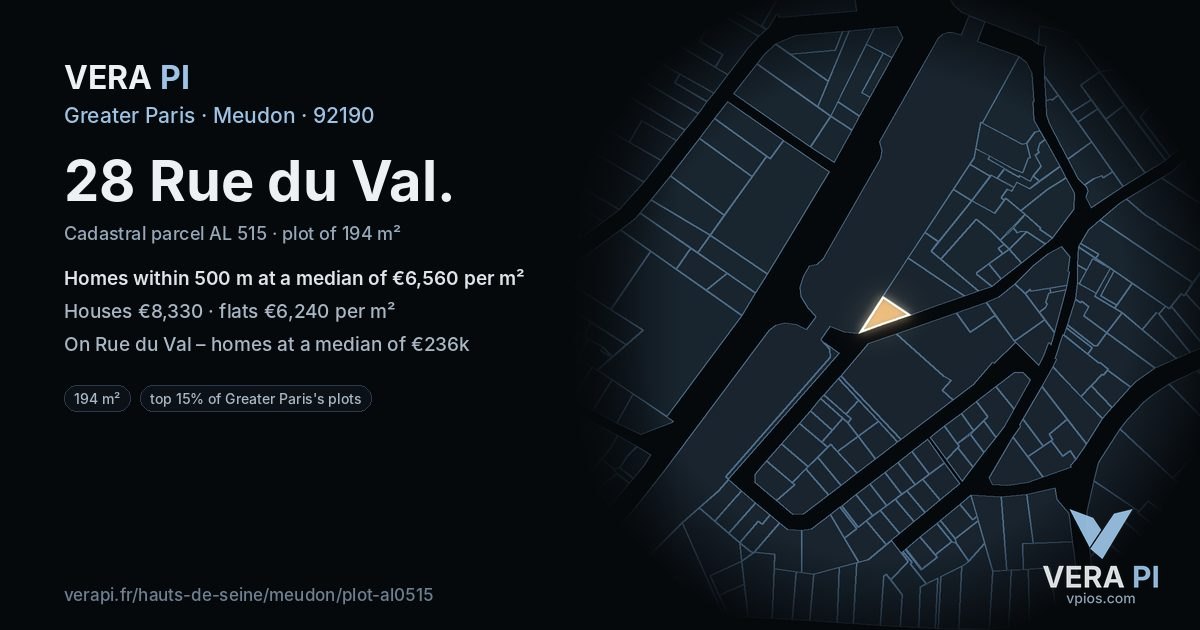 28 Rue du Val, Meudon at night – the plot lit, the parcels around coloured by the prices near them