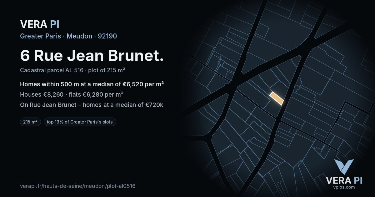 6 Rue Jean Brunet, Meudon at night – the plot lit, the parcels around coloured by the prices near them