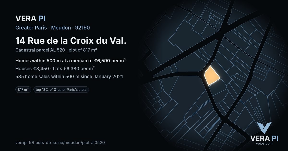 14 Rue de la Croix du Val, Meudon at night – the plot lit, the parcels around coloured by the prices near them
