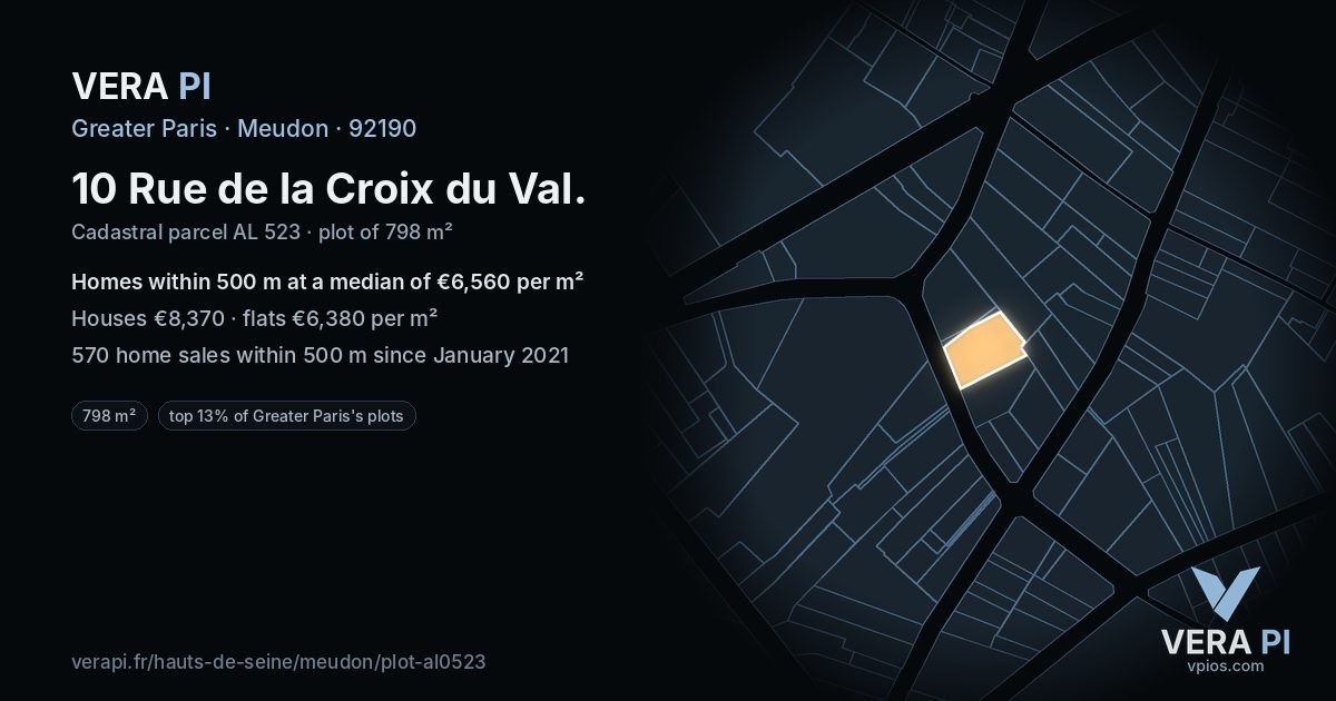 10 Rue de la Croix du Val, Meudon at night – the plot lit, the parcels around coloured by the prices near them