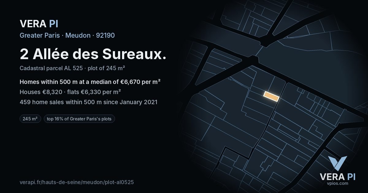 2 Allée des Sureaux, Meudon at night – the plot lit, the parcels around coloured by the prices near them