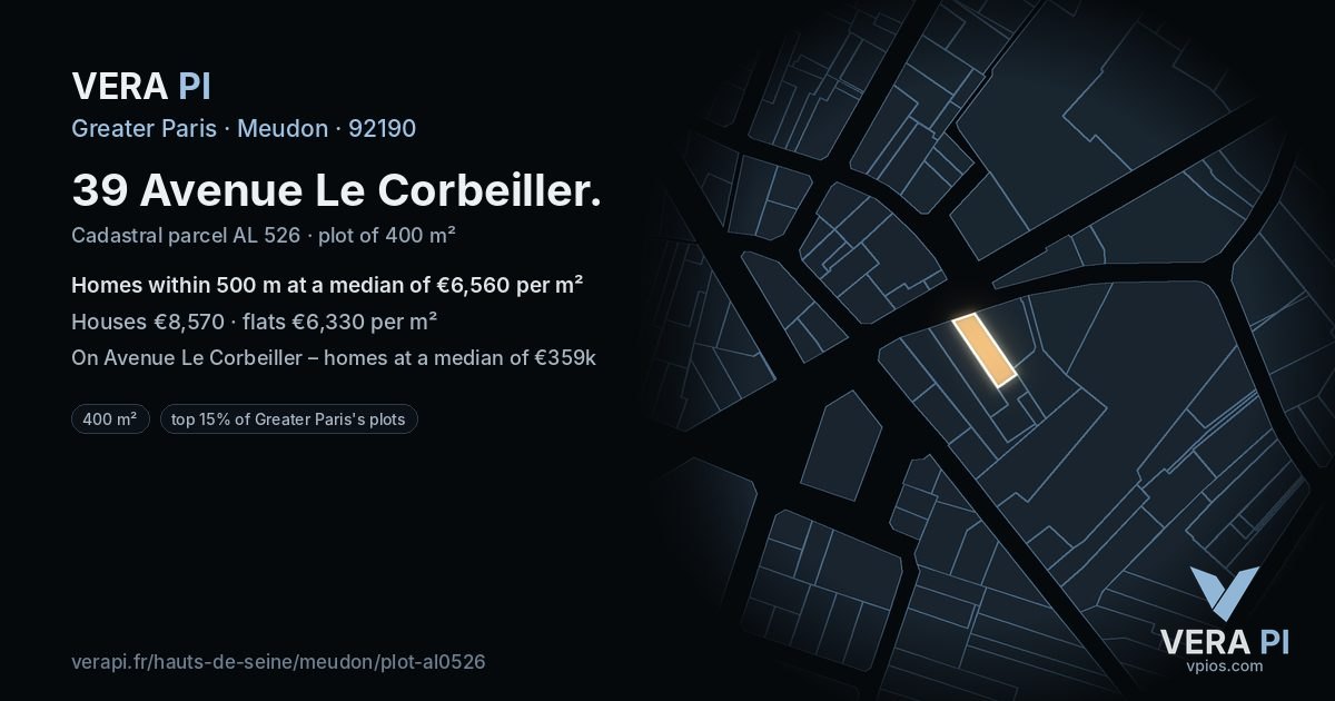 39 Avenue Le Corbeiller, Meudon at night – the plot lit, the parcels around coloured by the prices near them