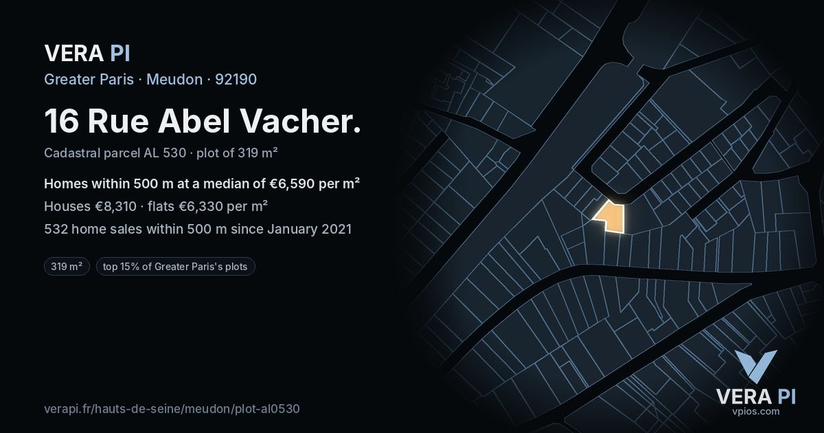16 Rue Abel Vacher, Meudon at night – the plot lit, the parcels around coloured by the prices near them
