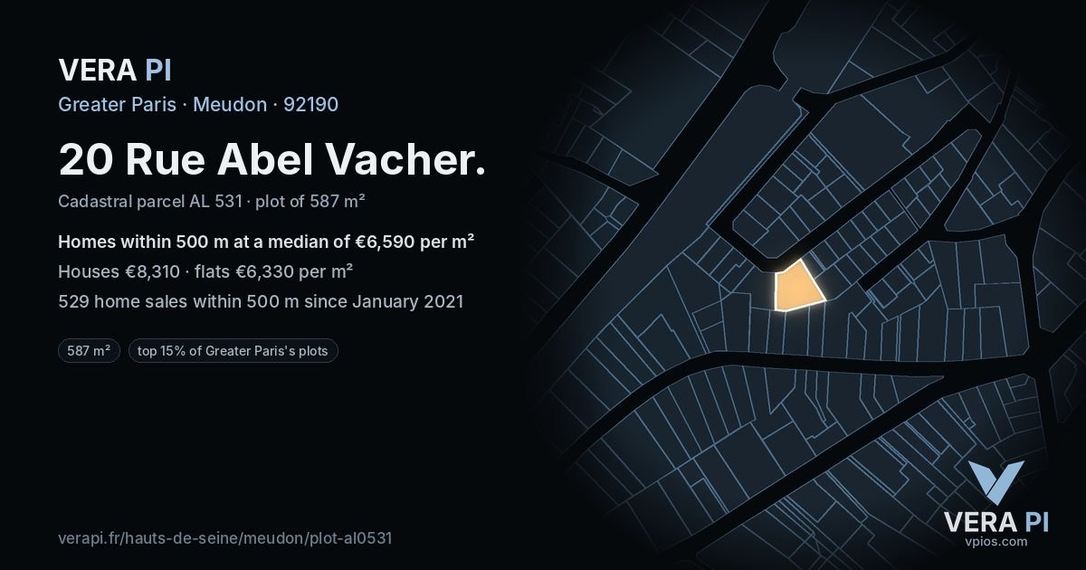 20 Rue Abel Vacher, Meudon at night – the plot lit, the parcels around coloured by the prices near them