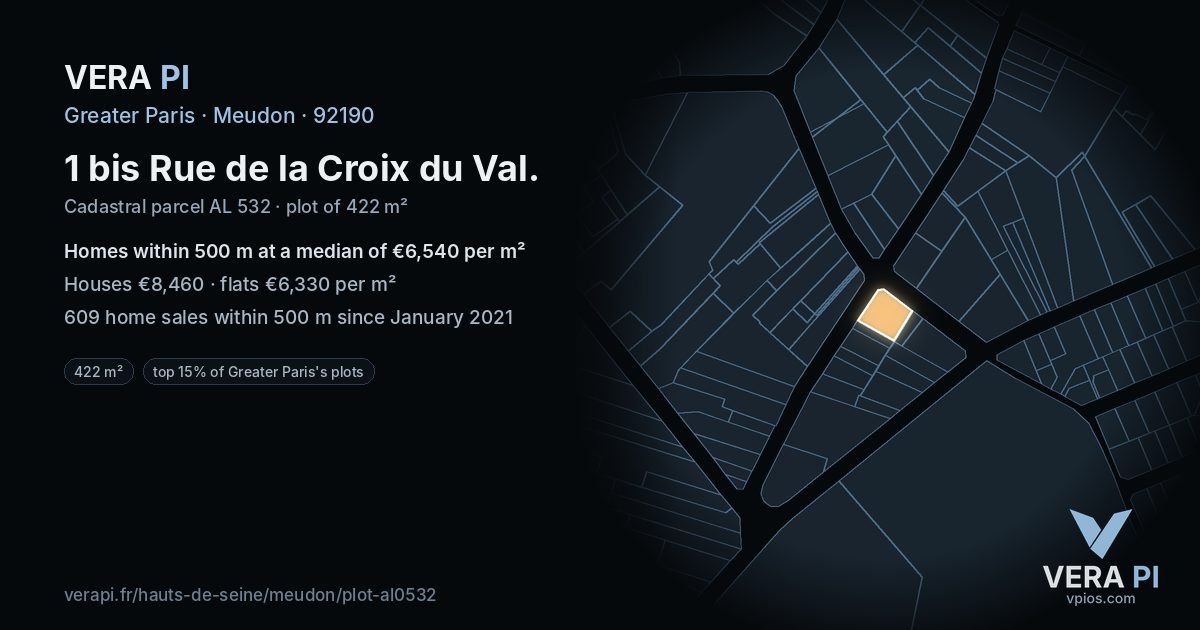 1 bis Rue de la Croix du Val, Meudon at night – the plot lit, the parcels around coloured by the prices near them