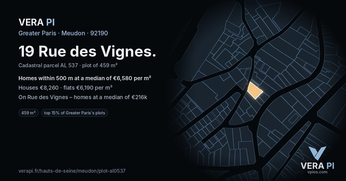 19 Rue des Vignes, Meudon at night – the plot lit, the parcels around coloured by the prices near them