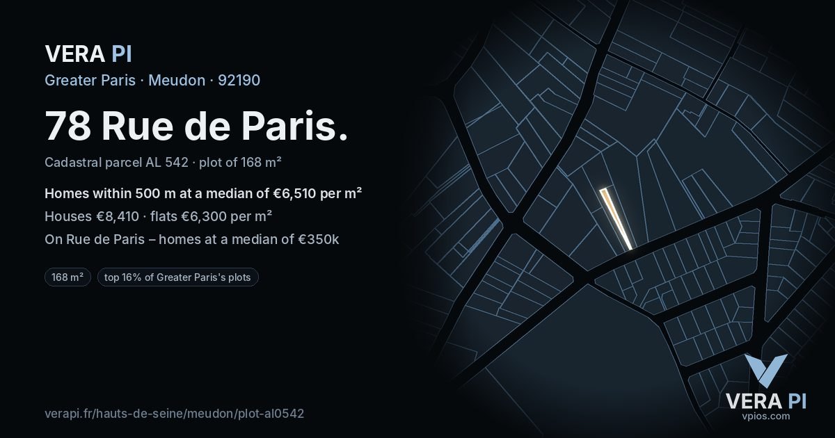 78 Rue de Paris, Meudon at night – the plot lit, the parcels around coloured by the prices near them