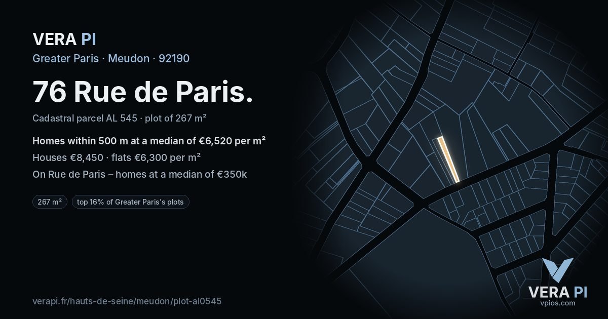 76 Rue de Paris, Meudon at night – the plot lit, the parcels around coloured by the prices near them