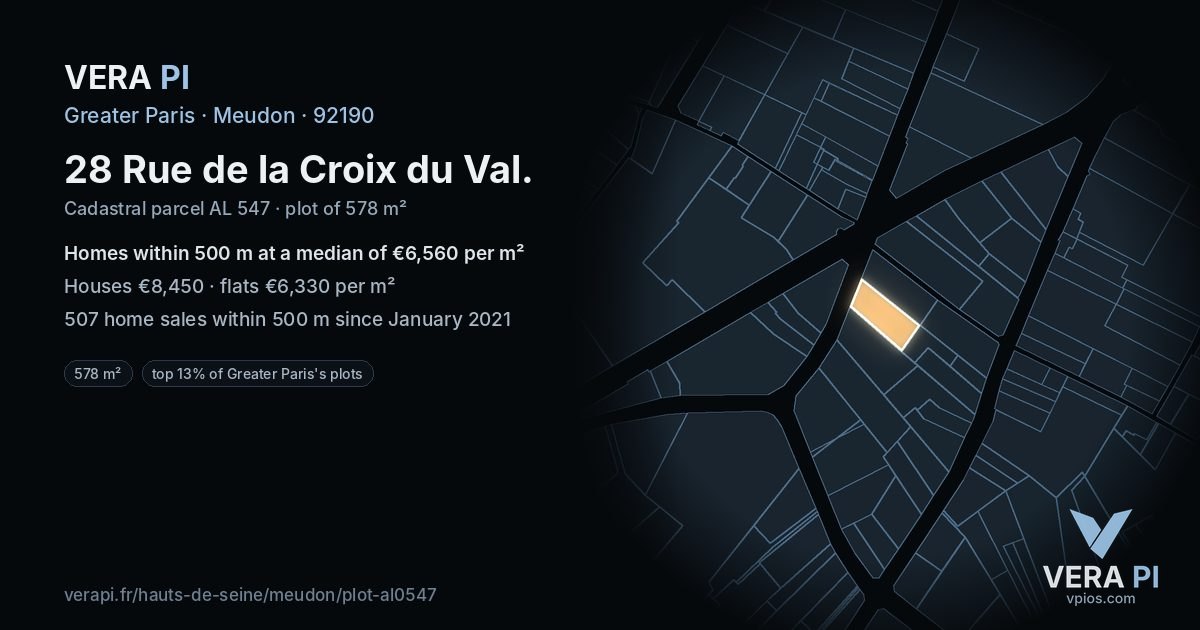 28 Rue de la Croix du Val, Meudon at night – the plot lit, the parcels around coloured by the prices near them
