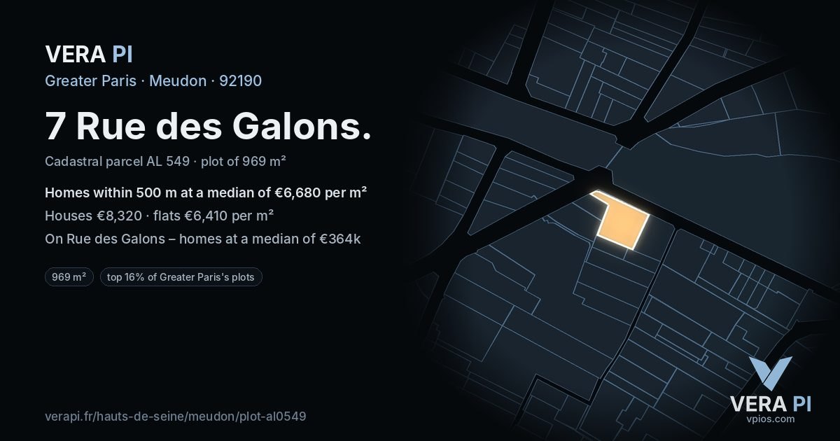 7 Rue des Galons, Meudon at night – the plot lit, the parcels around coloured by the prices near them