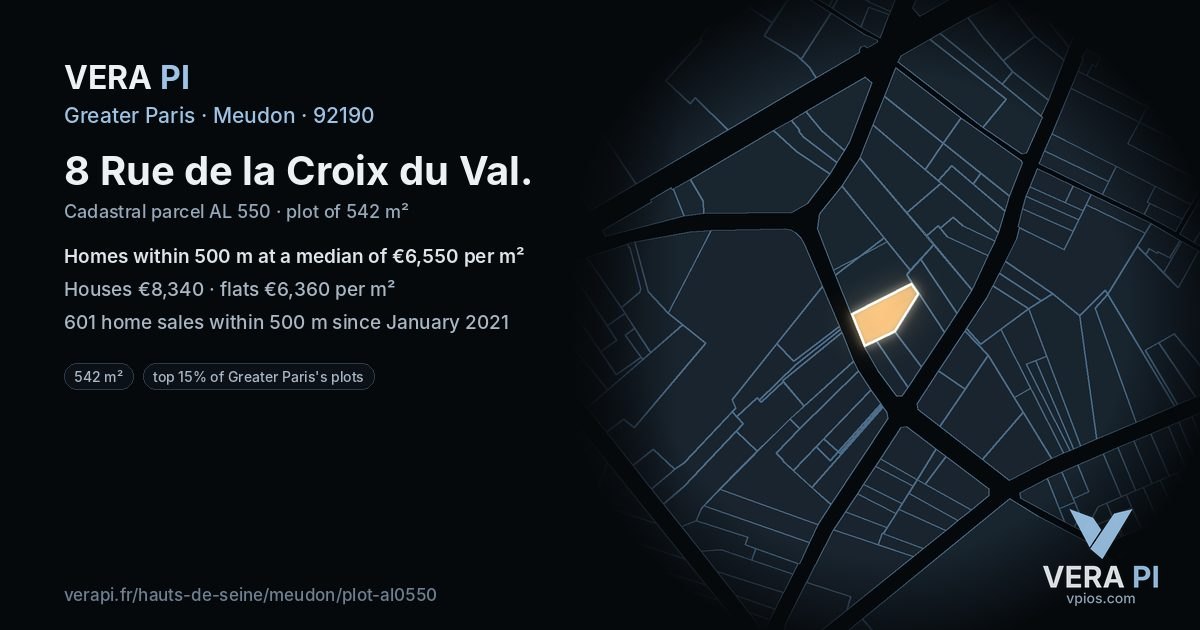 8 Rue de la Croix du Val, Meudon at night – the plot lit, the parcels around coloured by the prices near them