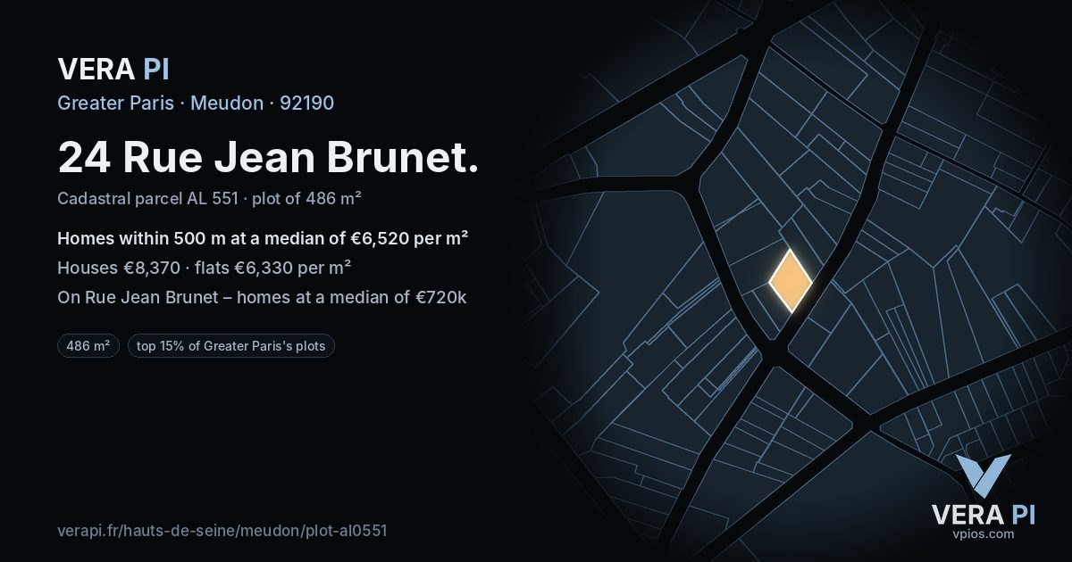 24 Rue Jean Brunet, Meudon at night – the plot lit, the parcels around coloured by the prices near them