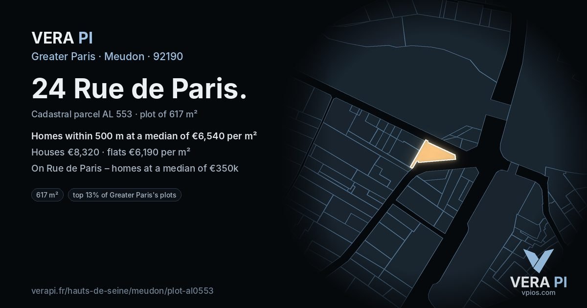 24 Rue de Paris, Meudon at night – the plot lit, the parcels around coloured by the prices near them