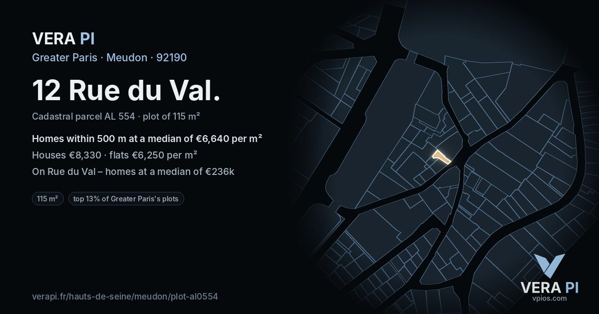 12 Rue du Val, Meudon at night – the plot lit, the parcels around coloured by the prices near them