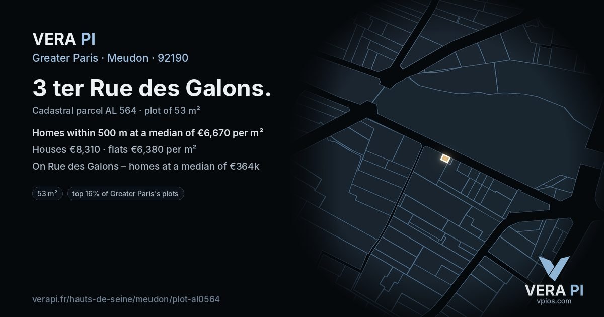 3 ter Rue des Galons, Meudon at night – the plot lit, the parcels around coloured by the prices near them