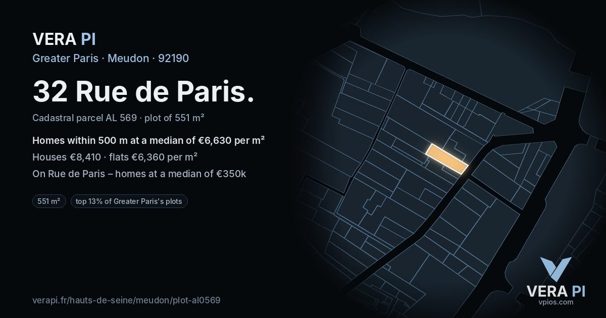 32 Rue de Paris, Meudon at night – the plot lit, the parcels around coloured by the prices near them
