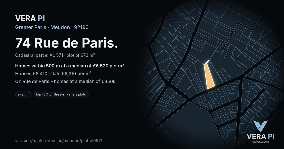 74 Rue de Paris, Meudon at night – the plot lit, the parcels around coloured by the prices near them