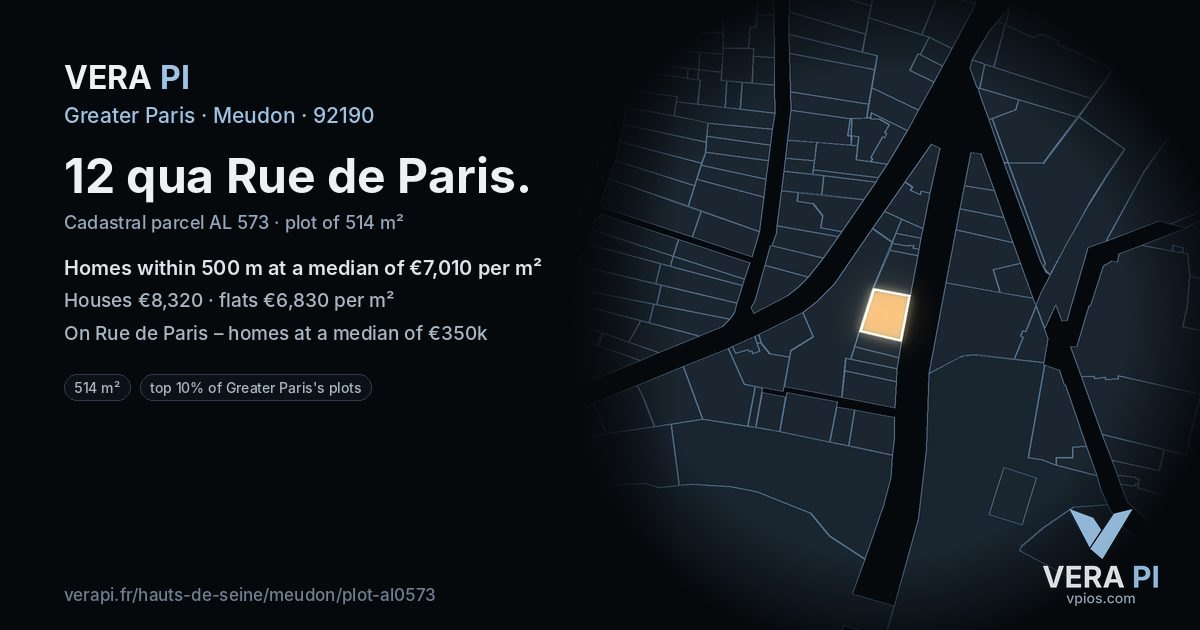 12 qua Rue de Paris, Meudon at night – the plot lit, the parcels around coloured by the prices near them