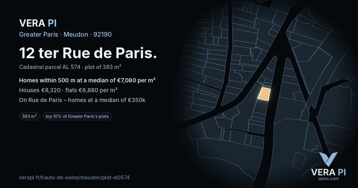 12 ter Rue de Paris, Meudon at night – the plot lit, the parcels around coloured by the prices near them