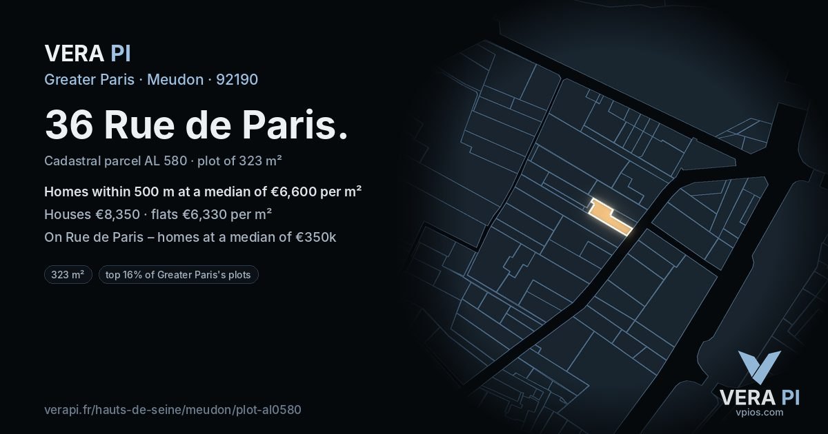 36 Rue de Paris, Meudon at night – the plot lit, the parcels around coloured by the prices near them