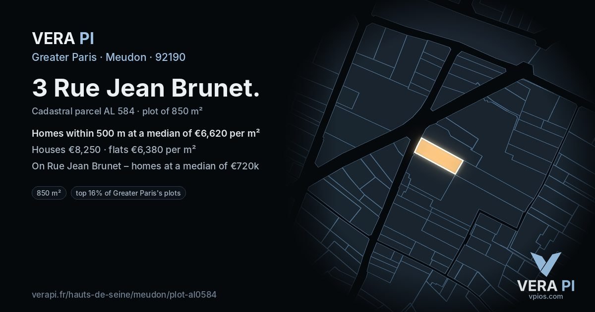 3 Rue Jean Brunet, Meudon at night – the plot lit, the parcels around coloured by the prices near them
