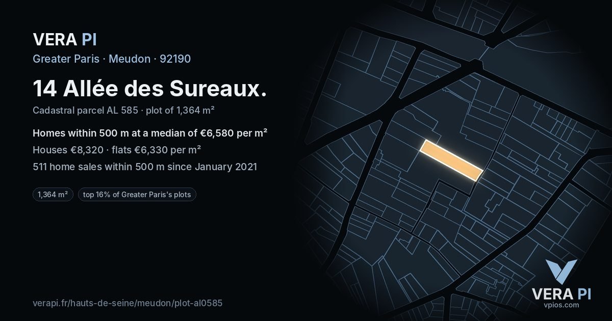 14 Allée des Sureaux, Meudon at night – the plot lit, the parcels around coloured by the prices near them