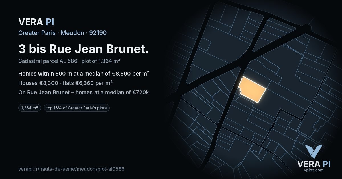 3 bis Rue Jean Brunet, Meudon at night – the plot lit, the parcels around coloured by the prices near them