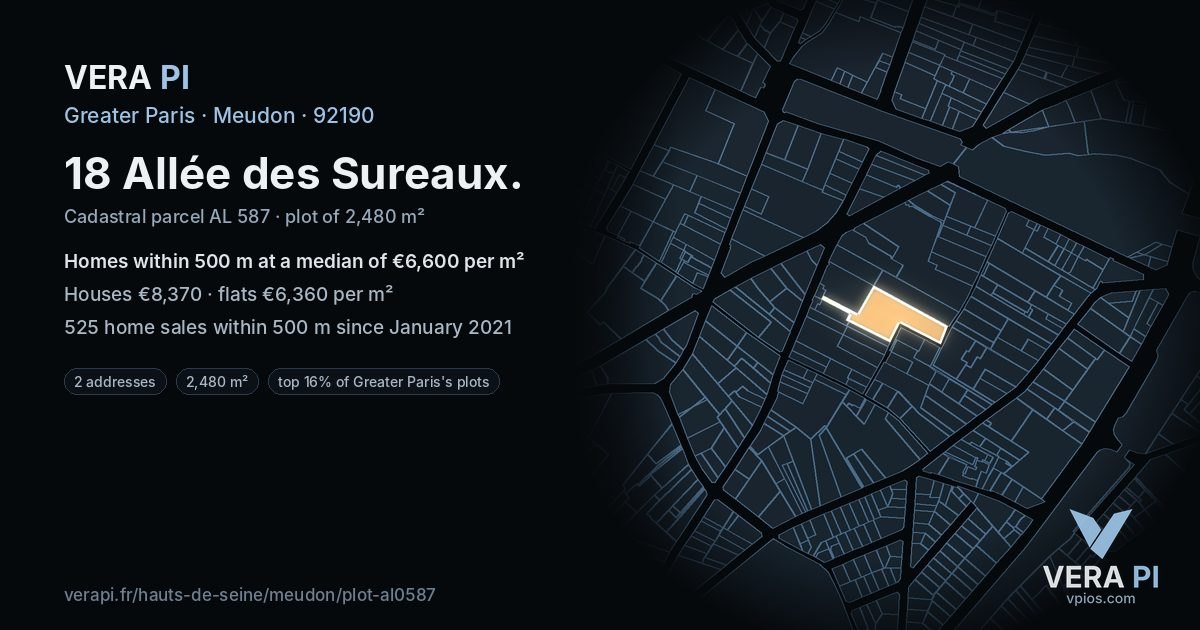 18 Allée des Sureaux, Meudon at night – the plot lit, the parcels around coloured by the prices near them